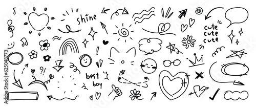 Set of cute pen line doodle element vector. Hand drawn doodle style collection of heart, star, speech bubble, word, cloud, arrow. Design for decoration, sticker, idol poster, social media