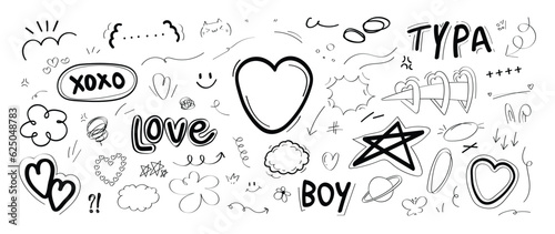 Set of cute pen line doodle element vector. Hand drawn doodle style collection of heart, flower, star, word, arrow, speech bubble, butterfly. Design for decoration, sticker, idol poster, social media