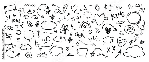 Set of cute pen line doodle element vector. Hand drawn doodle style collection of heart, speech bubble, word, cloud, arrow, carrot, balloon. Design for decoration, sticker, idol poster, social media