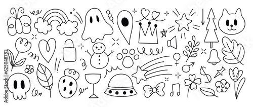 Set of cute pen line doodle element vector. Hand drawn doodle style collection of heart  flower  crown  skull  arrow  butterfly  snowman tree. Design for decoration  sticker  idol poster  social media