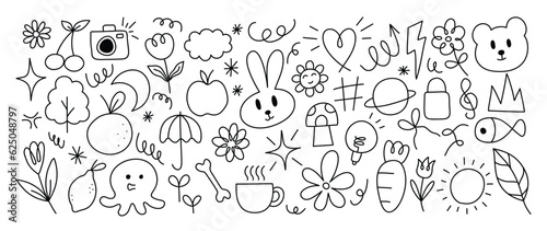 Set of cute pen line doodle element vector. Hand drawn doodle style collection of heart, flower, rabbit, bear, camera, scribble, arrow, apple. Design for decoration, sticker, idol poster, social media