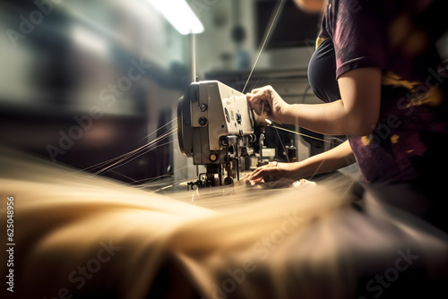 Abstract motion blur shot of a seamstress operating a sewing machine in a textile factory, highlighting the speed and dexterity in the manufacturing of garments. Generative AI