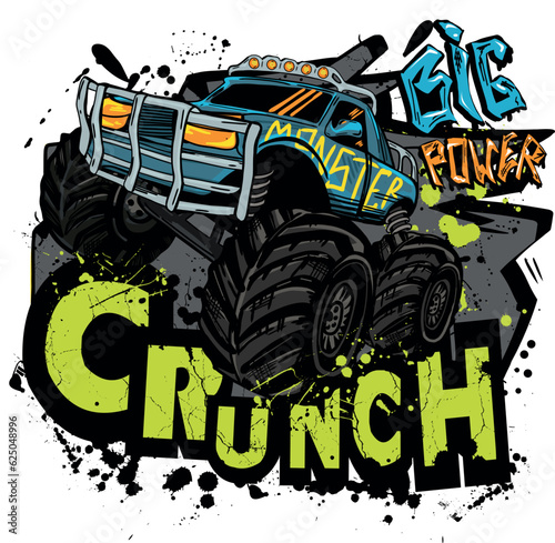 Monster Track car typography print. Off road truck illustration. Vector illustration,  boys background  For print, baby clothes, t shirt, child or posters