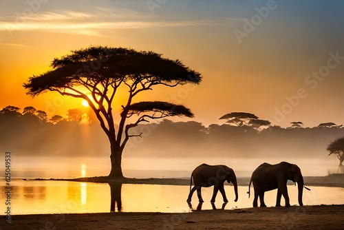 Beautiful Nature Around The World - A breathtaking sunset over the African savannah  silhouettes of acacia trees against the golden sky