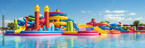 Waterpark, inflatable toys on swimming pool, kids amusement, summer holidays photo