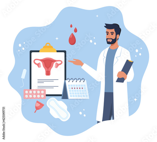 Reproductive health concept. Menstruation, period, female uterus, reproductive system. Doctor gynecologist standing with clipboard, calendar, tampon, pads, menstrual cup, pants. Vector illustration.