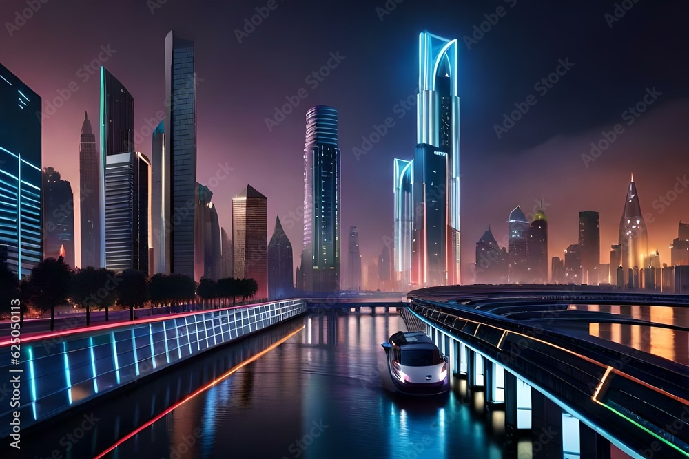  towering skyscrapers adorned with neon lights, flying cars zipping through the illuminated cityscape