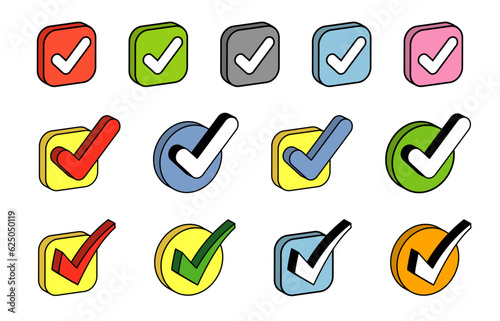 立体的なアイソメのかわいいチェックマークアイコン 線画　Cute check mark icon with three-dimensional isometric