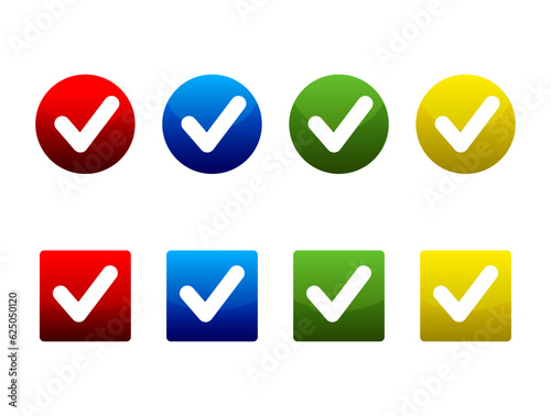 Three-dimensional check mark with circle and square. Red, blue, green, gold.