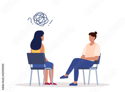 Female psychotherapist has an Individual session with her patient. Talk therapy concept. Vector illustration.