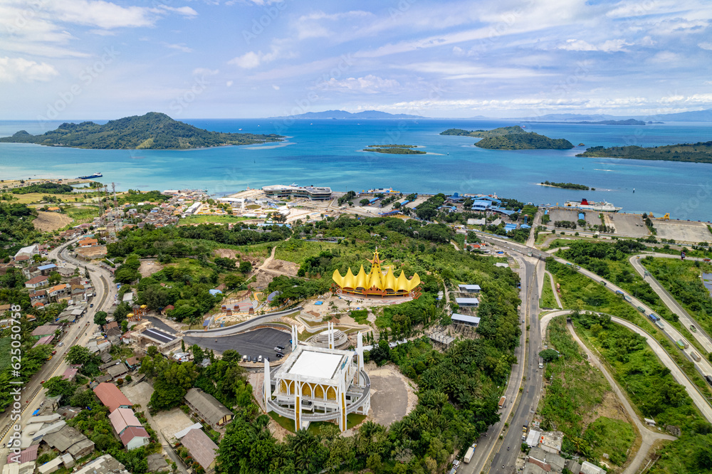 Aerial of Siger Tower near Bakauheni Harbor in Bandar Lampung