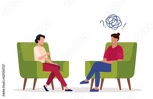 Female psychotherapist has an Individual session with her patient. Talk therapy concept. Vector illustration.