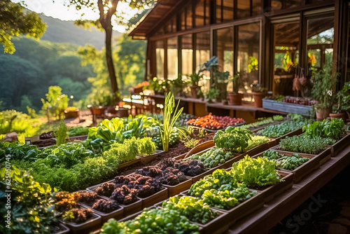 Country house with a table in the yard on a hill. Generative AI