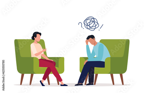 Female psychotherapist has an Individual session with her patient. Talk therapy concept. Vector illustration.