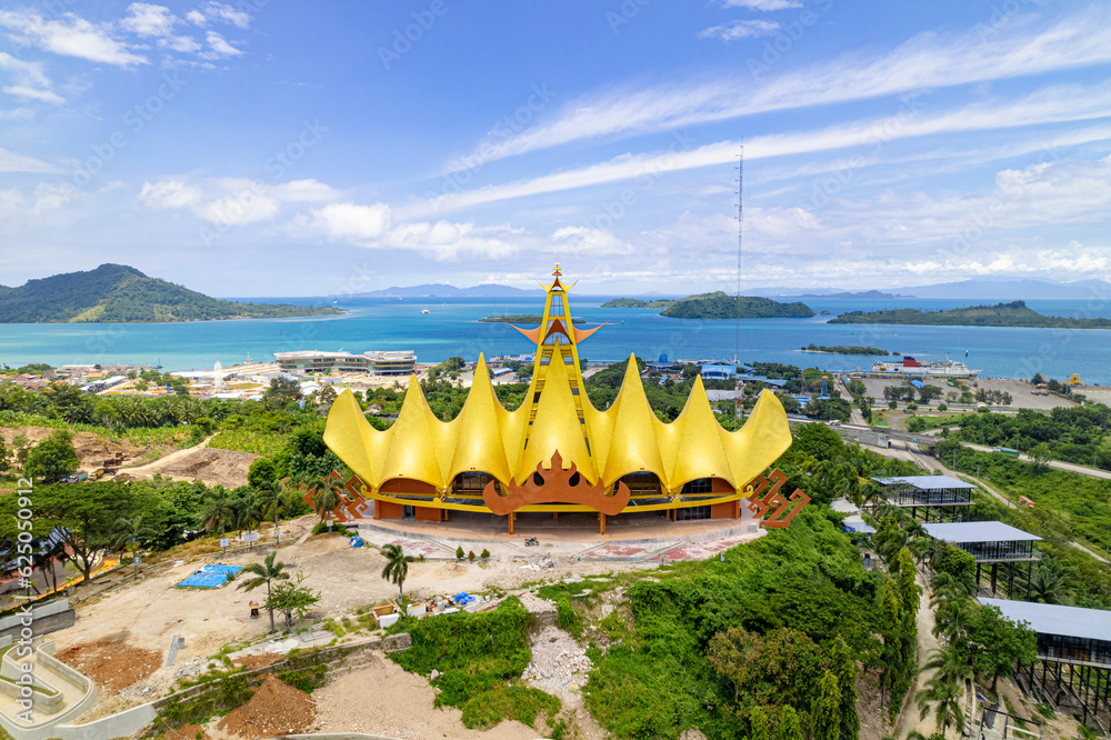 Aerial of Siger Tower near Bakauheni Harbor in Bandar Lampung
