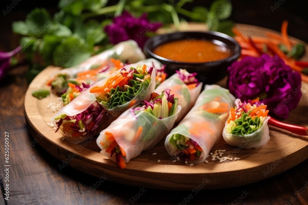 Spring Rolls served with a side of dipping sauce, colorful raw vegetables, and chopsticks against a rustic wooden backdrop