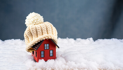 house in winter - heating system concept and cold snowy weather with model of a house wearing a knitted cap
