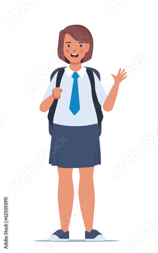 Portrait of happy school girl with backpack. Girl kid. Back to school. Vector illustration.