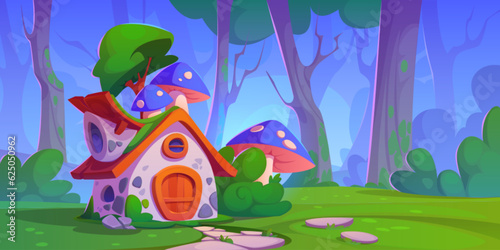 Fairytale forest house cartoon vector background. Fantasy magic countryside hut nature landscape with mushroom on roof. Summer park in fantacy woodland with fairy tale old building between trees. photo