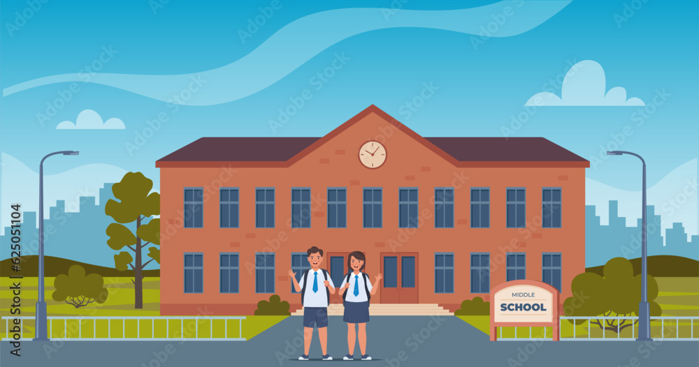 School building and front yard with happy pupils. Back to school concept. Vector illustration.