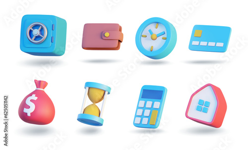 3D finance and banking icons set isolated on white background. Collection of colorful 3D finance icons including safe, wallet, clock, credit card, money bag, hourglass, calculator, and house. 