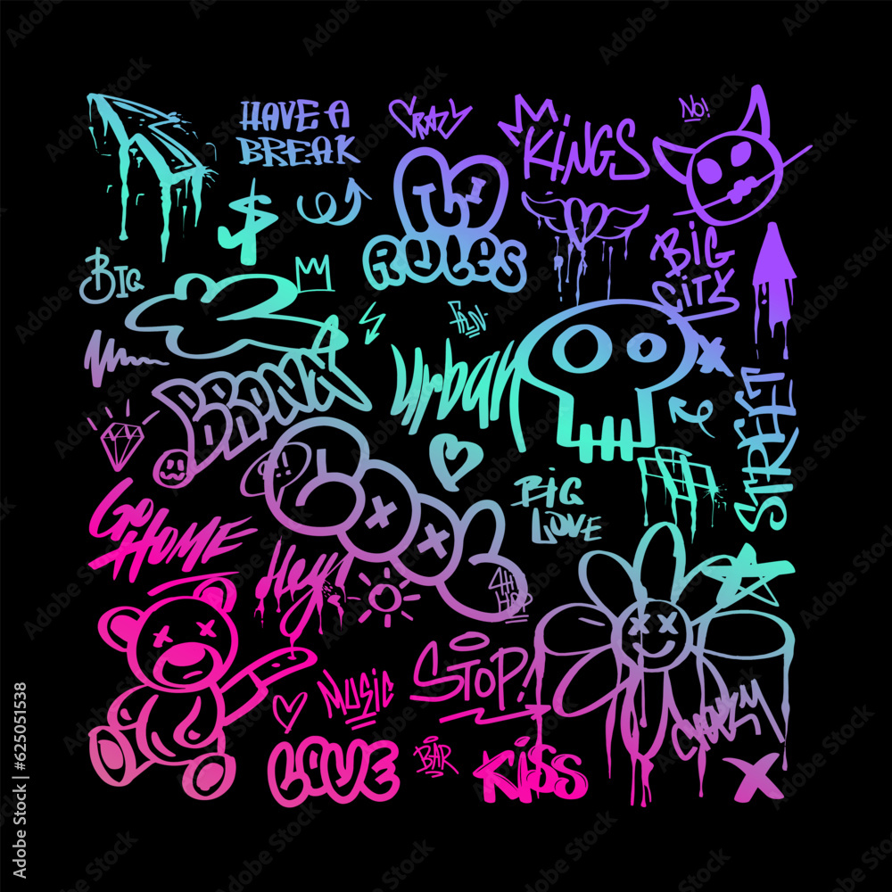 A set of graffiti in the style of the 2000s. Girls' transferable temporary tattoos with a gradient. vector illustration