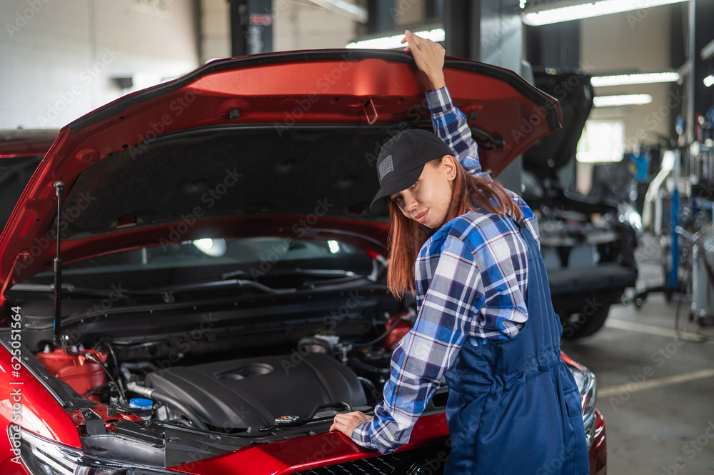 Woman auto mechanic opens the hood of a car in a car service. Stock ...