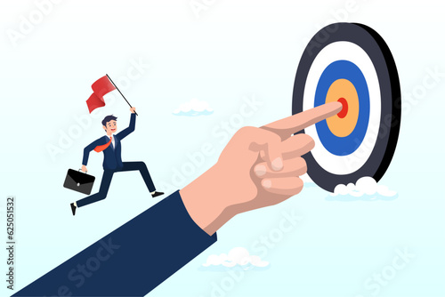Businessman run on hand pointing toward target, goal oriented, setting goal and focus on target and aim to achieve success, work toward mission target, motivation and anticipation to win (Vector)