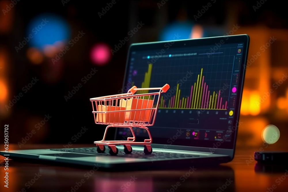 Sales growth chart and tiny shopping cart on the computer notebook with blurred bokeh background, e-commerce, marketing analysis, business concept. Generative background