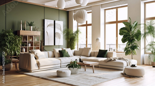 Living room interior design, green and white wall, house plant, sofa, modern ceiling lamp, wall art, coffee table, shelf, scandinavian minimal realistic 3D illustration. Generative AI