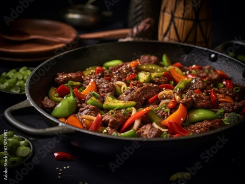 Crispy Szechuan Beef in a traditional cast iron wok, featuring a colorful side of mixed vegetables and a jade spoon