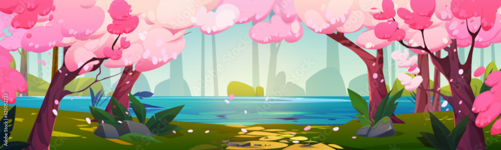 Fototapeta premium Lake in park with japanese cherry tree panorama illustration. Spring Japan cherry blossom garden with river nature cartoon landscape. Empty beautiful sunny fantasy fairytale forest with green grass