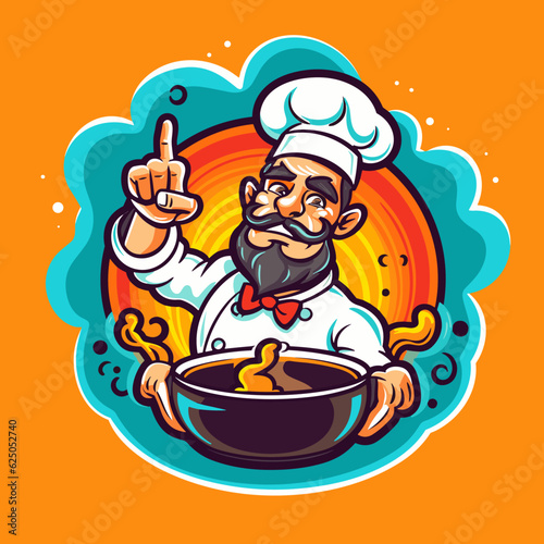 The cook cooks stew in a pot. Cartoon vector illustration.