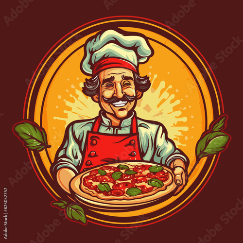 Smiling Chef cartoon character. Pizzeria symbol or label - Italian cuisine. Cartoon vector illustration.