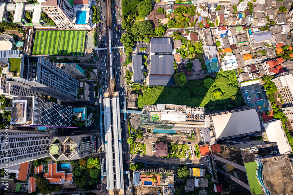 Aerial view of Sathorn and Saphan Taksin districts in Bangkok, Thailand