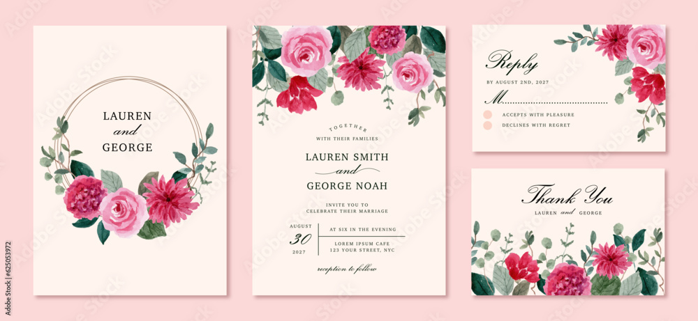 wedding invitation with vintage pink floral watercolor frame
