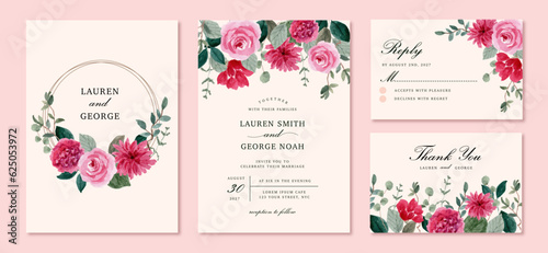 wedding invitation with vintage pink floral watercolor frame