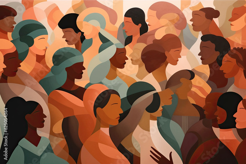 International Womens Day. Pattern women different nationalities and cultures illustration. Struggle for freedom, independence, equality
