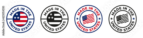 Made in usa seal badges. American labels. American quality product. Patriotic logo or stamp. Tags with flag of america.