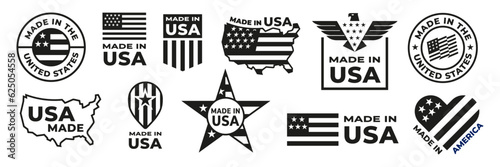 Made in usa seal badges. American labels. American quality product. Patriotic logo or stamp. Tags with flag of america.