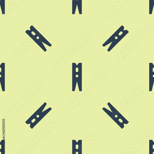 Blue Old wood clothes pin icon isolated seamless pattern on yellow background. Clothes peg. Vector