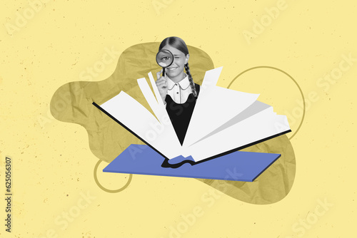 Collage of young funky schoolgirl hold magnifying glass zoom find information her favorite encyclopedia isolated on painting background