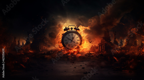 fire alarm clock, Time is running out concept shows clock that is burning up with flames and smoke