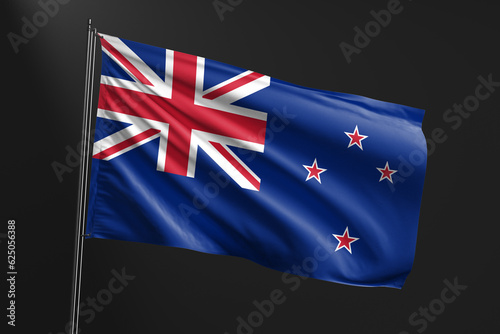 3d illustration flag of New Zealand. New Zealand flag waving isolated on black background. flag frame with empty space for your text.