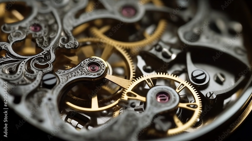 Complex watch parts, Gears and cogs in clockwork watch mechanism. Generative AI