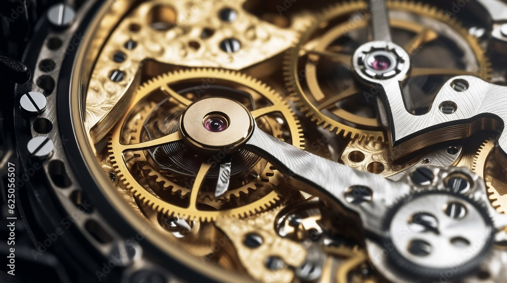 Complex watch parts, Gears and cogs in clockwork watch mechanism. Generative AI