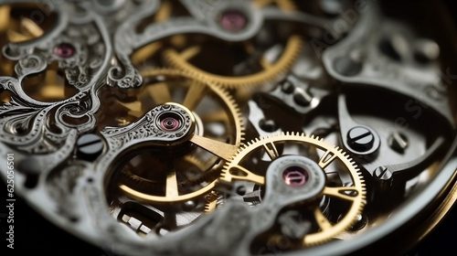 Complex watch parts, Gears and cogs in clockwork watch mechanism. Generative AI