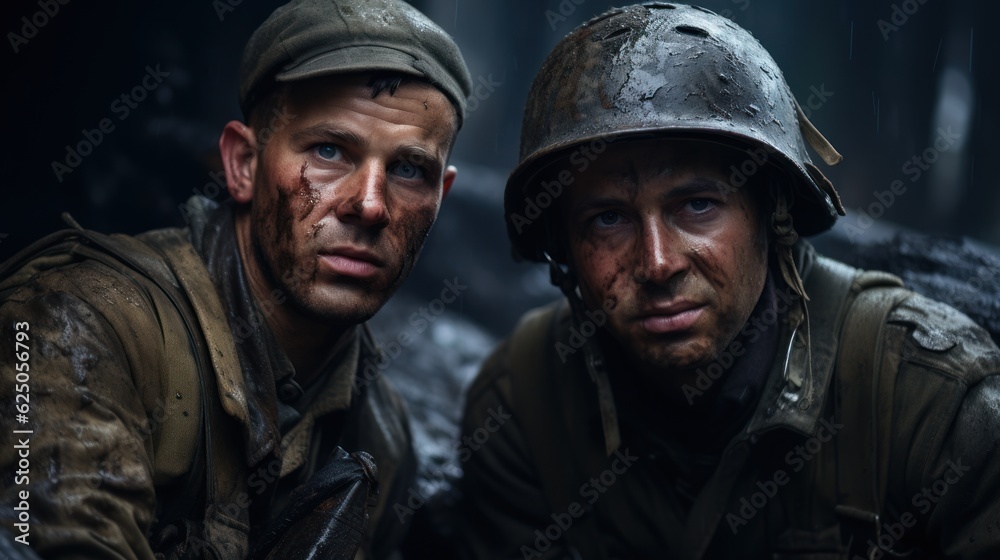 Two soldiers from the army in World War II. Man smiling selfie in a booby trap. Two soldiers from the army in World War II. Man smiling selfie in a booby trap.