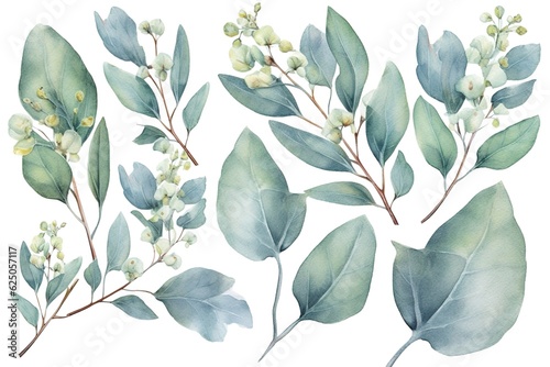 Eucalyptus watercolor set separate white background photo