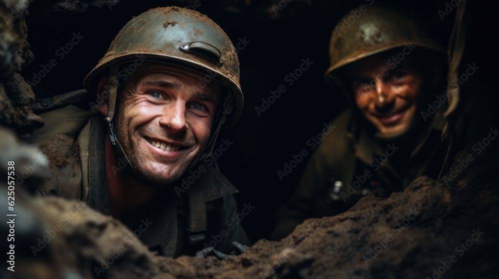 Two soldiers from the army in World War II. Man smiling selfie in a booby trap. Two soldiers from the army in World War II. Man smiling selfie in a booby trap.